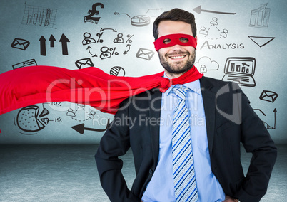 Business man superhero with hands on hips against blue wall with business doodles and flare