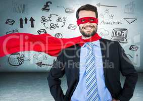 Business man superhero with hands on hips against blue wall with business doodles and flare
