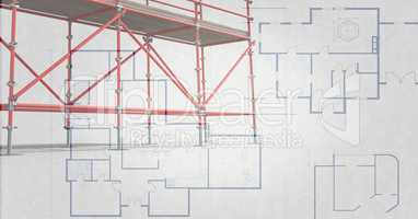 3D red scaffolding with soft grey and blueprint background