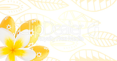 Yellow flower and eggs against white easter pattern