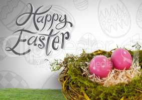 Happy Easter text with Easter eggs in nest in front of pattern