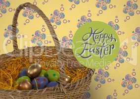 Happy Easter text with Easter eggs in basket in front of pattern