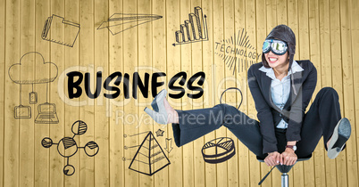 Business woman pilot on chair against yellow wood panel with business doodles