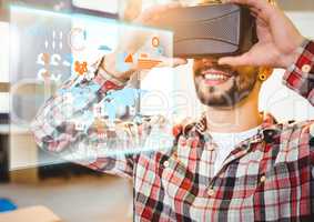 Man wearing VR Virtual Reality Headset with Interface