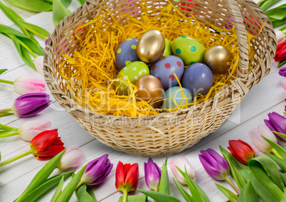 Happy Easter table with flowers and basket with Easter eggs