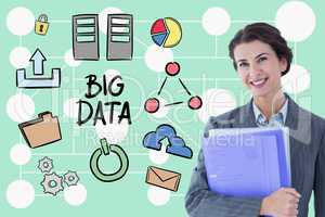 Happy businesswoman holding files while standing by big data diagram