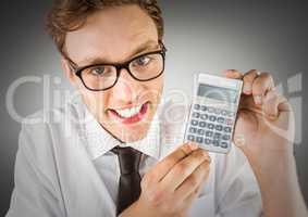 Nerd with calculator against grey background