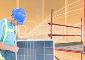 builder working in a solar panel beside  3D scaffolding