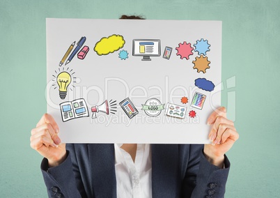 Businesswoman holding card with creative  business graphics drawings