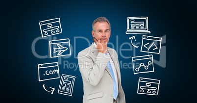 Confident businessman surrounded with various icons