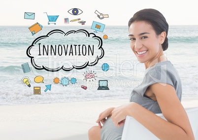 Smiling woman seaeted on beach and Innovation text with drawings graphics
