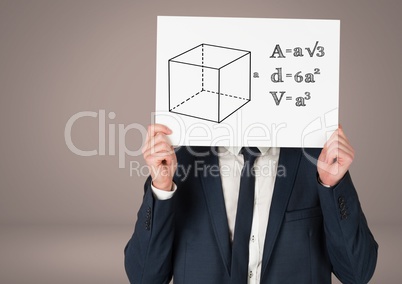 Man holding card with equations geometry graphic drawings