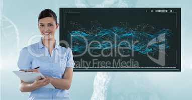 Portrait of female doctor with clipboard standing against DNA structure in background