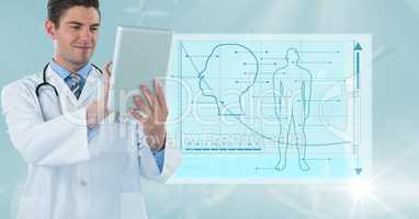 Male doctor using digital tablet against medical background