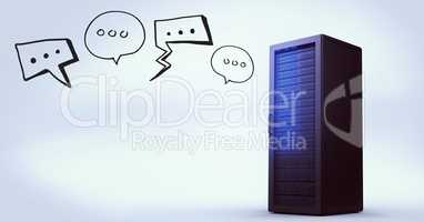 Blue server and black speech bubbles against white background
