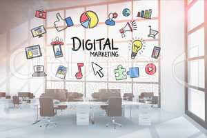 Digital marketing and doodle graphics in office