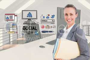 Happy businesswoman by social media icons in office