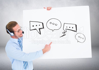 Man wearing headset holding card with speech bubble graphics drawings