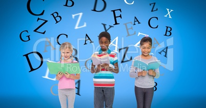 Digitally generated image of children holding books with letters flying against blue background