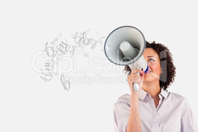 Young businesswoman talking in megaphone