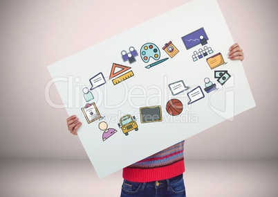 Person holding card with craetive education icons graphics drawings