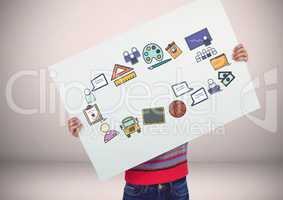 Person holding card with craetive education icons graphics drawings