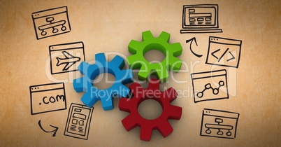 Digitally generated image of colorful gears and various icons against brown background