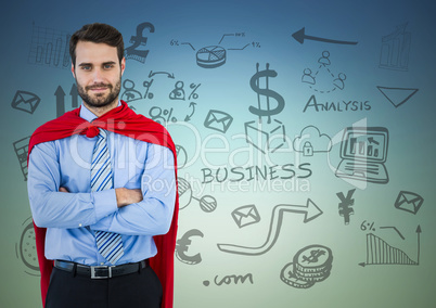 Business man superhero with arms folded against blue green background with business doodles