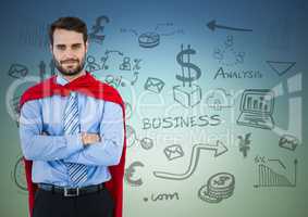 Business man superhero with arms folded against blue green background with business doodles