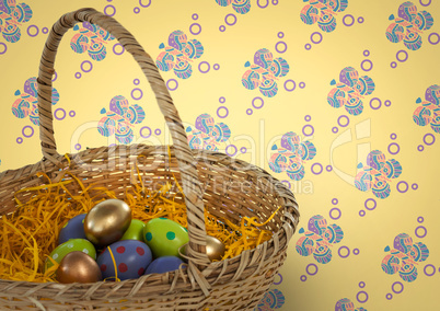 Easter eggs in basket in front of pattern