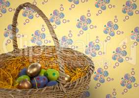 Easter eggs in basket in front of pattern