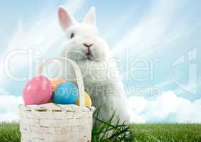 Easter rabbit with basket of eggs in front of blue sky