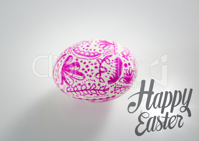 Grey easter graphic and pink patterned egg against white background