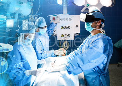 Doctors operating wearing VR Virtual Reality Headset with Interface