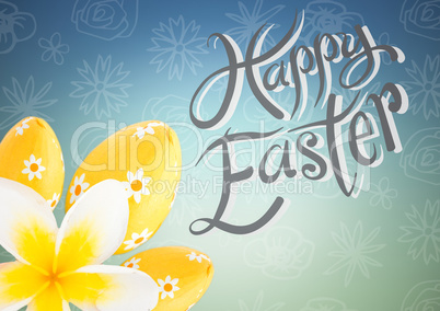 Yellow flower and eggs type against blue green easter pattern