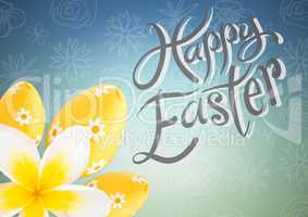 Yellow flower and eggs type against blue green easter pattern