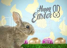 Happy Easter text with Easter rabbit with eggs in front of pattern