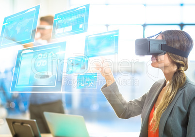 Woman wearing VR Virtual Reality Headset with Interface