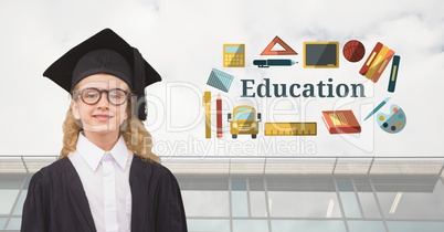Young Girl student graduate with Education text with drawings graphics