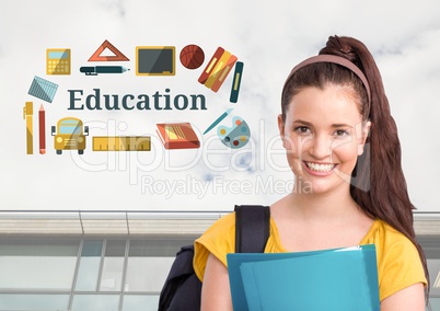 Happy student and Education text with drawings graphics