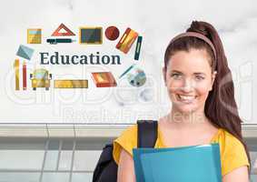 Happy student and Education text with drawings graphics