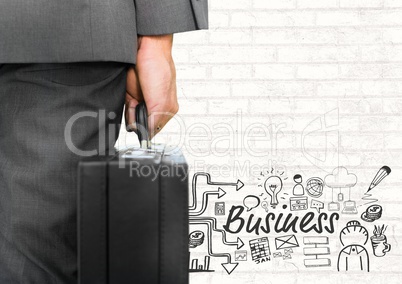 Businessman with briefcase and Business text with drawings graphics