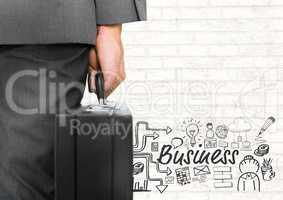 Businessman with briefcase and Business text with drawings graphics