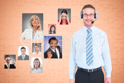 Businessman wearing headphones with colleagues showing various expressions