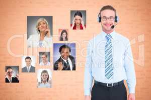 Businessman wearing headphones with colleagues showing various expressions