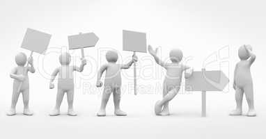 3d humans with signs over white background