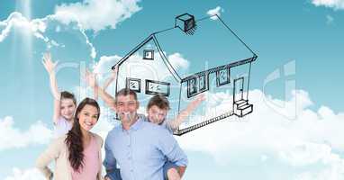 Digitally generated image of happy family with house drawn in  sky