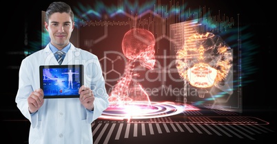 Digitally generated image of male doctor showing digital tablet against human skeleton in background