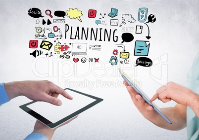 People withn tablets and Planning text with drawings graphics