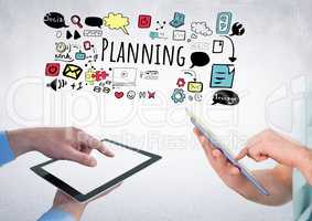 People withn tablets and Planning text with drawings graphics